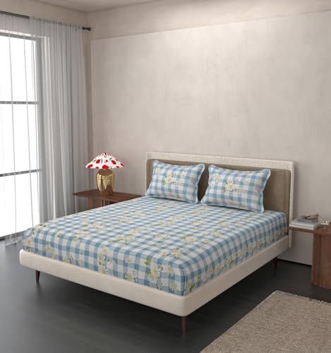 Image of VOMZER King Size (72x78) 300 TC Soft Cotton Feel Microfiber All Around Elastic Fitted Double Bedsheet with 2 Pillow Covers | Blue Check