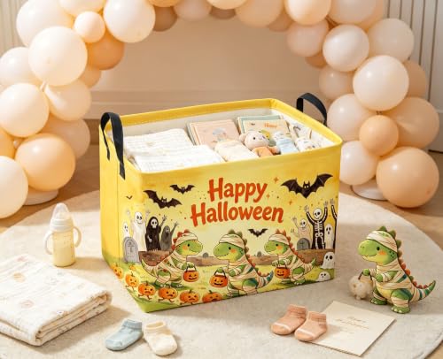 Image of Sanjiaofeng Rectangular Cute Dinosaur Halloween Baskets,Waterproof Foldable Dinosaurs Basket with Handles,Nursery Hamper,Home Organizer,Books Box,Gift Baskets(Belted Dinosaur)