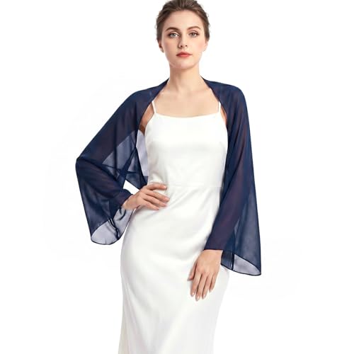 JasGood Stola Damen Festlich Chiffon Schal Sommer Eleganter Schultertuch Leicht Bolero Shrug mit Ärmel Stolan für Abendkleid Brautkleider Hochzeit Marineblau