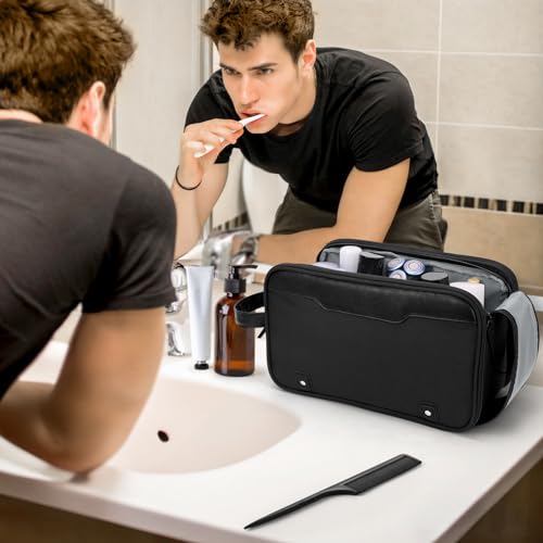 Image of Wedama Toiletry Bag for Men, Large Hanging Travel Toiletry Bag, Extra Electronic Organizer Bag Waterproof Shaving Bag for Toiletries with PU Handle for Travel Business Trips Swim Camping, Black