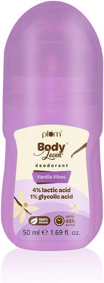 Plum BodyLovin' Vanilla Vibes Underarm Roll On for Women | Last Up to 48H | 4% Lactic Acid & 1% Glycolic Acid | Controls Odor & Fades Underarm Darkness | Warm Vanilla Fragrance Underarm Roll On | 50ml