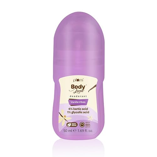 Plum BodyLovin' Vanilla Vibes Underarm Roll On for Women | Last Up to 48H | 4% Lactic Acid & 1% Glycolic Acid | Controls Odor & Fades Underarm Darkness | Warm Vanilla Fragrance Underarm Roll On | 50ml