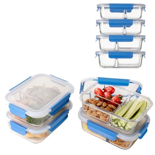 JUEGO DE 4 RECIPIENTES DE VIDRIO CON DIVISIONES - EasyWare Blue - Contenedores HEMÉTICOS para Alimentos, coongelador, horno, lavaplatos, a prueba de Fugas,...