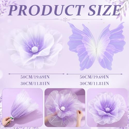 Image of Cinnvoice 8 Pcs Gradient Purple Large Butterfly Flower Decorations 20 Inch 12 Inch 3D Purple Giant Silk Butterfly Big Flower Mariposas Grandes para Decoracion for Wedding Backdrop Birthday Party