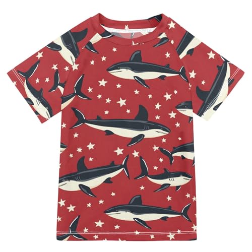 ALAZA Kids Rash Guard Boys Toddler Swim Shirts Short Sleeve Star Shark Red UPF 50+ 3T