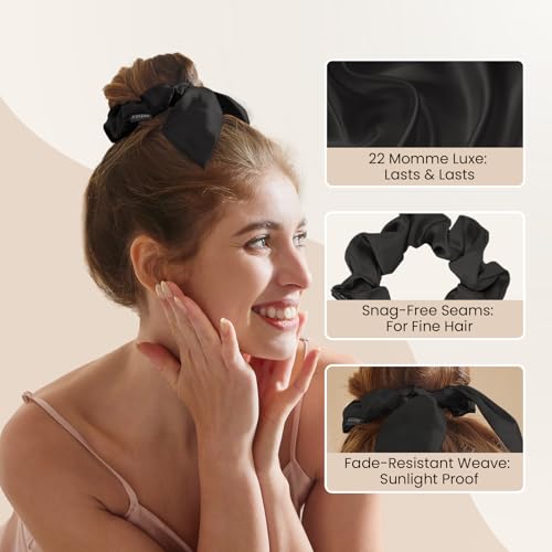 Image of THXSILK 100% Mulberry Silk Bow Scrunchies 3-Pack, 22 Momme Mulberry Silk Hair Ties for Women, Cute Bunny Ear No Damage Ponytail Holders, Fashion Hair Accessories for Girls(M, Dark Colors)