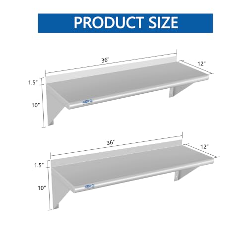Image of HARDURA 2 Pack Stainless Steel Shelf 12 inch X 36 inch, 180LB Commercial Wall Mount Metal Shelving with Backsplash and Brackets for Kitchen, Restaurant, Laundry Room and Home