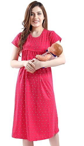 Image of AV2 Cotton Women's Triangle Printed Calf Length Maternity Feeding Nighty Red X-Large