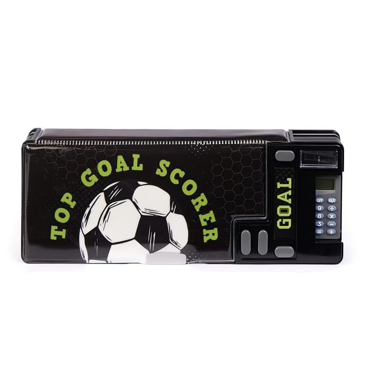 Multifunction Football Pencil Case with Calculator & Sharpener, Pop-Out Compartments, Kids School Storage Organiser, Black Gaming Design Pencil Box