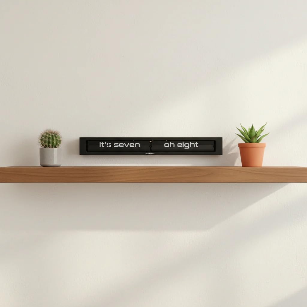 Cloudnola Texttime Flip Uhr - Wand- oder Tischuhr - Wand Deko Uhr, Schwarz und Weiß, Regal 8 cm tief 60 cm breit, Batteriebetriebene, Digitale Retro Flip Uhr