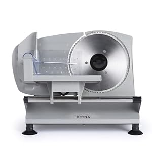 Petra PT4636VDE Elektrische Slicer voor voedingsmiddelen – Keukensnijmachine, vlees, kaas, brood, instelbare snijdikte van 1-15 mm, roestvrijstalen gladde en getande bladen van 170 mm, antislipvoetjes