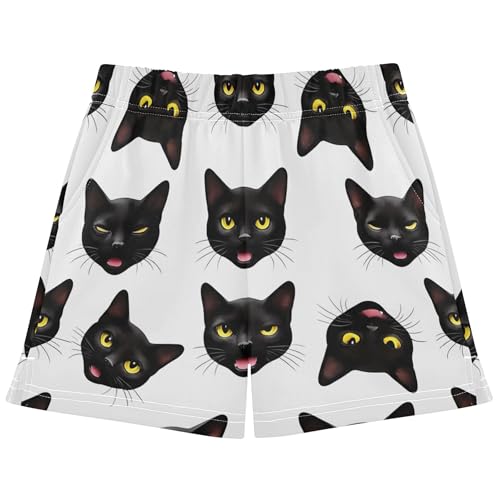 Girls Shorts Cute Black Cat Faces White Comfy Athletic Active Summer Pajama Sleep Shorts for Kids Teens, X-Small