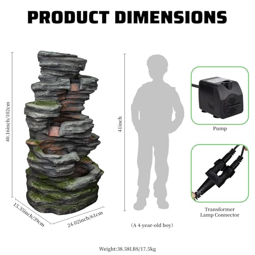 Image of 5-Tier Rock Outdoor Water Fountain, Resin & LED Light, 40.2 in
