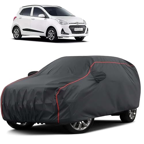 Image of Sulfar 100% Water Resistant Car Body Cover Compatible with Mirror for Hyundai Grand i10 (Triple Stitched, Full Bottom Elastic, Dark Grey Taffeta with Red Piping)
