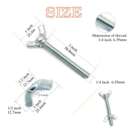 20 Pcs 1/4"-20 x2 Aile vis boulons et kit d'écrous Ailes vis papillon et écrou avec tête d'aile serrée main Zinc plaqué matériel fixation Kit d'assortiment