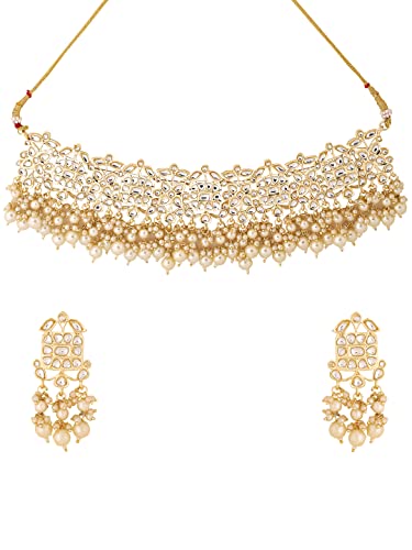 Image of Yellow Chimes Jewellery Set for Women Kundan Studded Beads Drop Choker Necklace Set with Earrings for Women and Girls