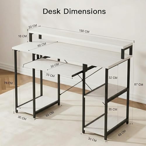 Image of TEKAVO Trio Computer Table for Home Pc | Office Table for Home with Monitor Riser and Keyboard Tray, Laptop Table, Work Table, Study Table, Modern Workstation | White Wood, Metal,(150x60x 75 cm)