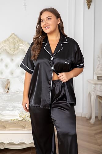 Image of Vozanet Women's Button Down Satin Pajama Sets Silky Short Sleeve Top & Pants Plus Size Loungewear Classic Sleepwear XL to 5XL