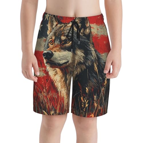 Boys Board Shorts Quick Dry Swimwear Kids Youth Beach Surf Swim Trunks, Wolf Hunting Retro USA Flag3