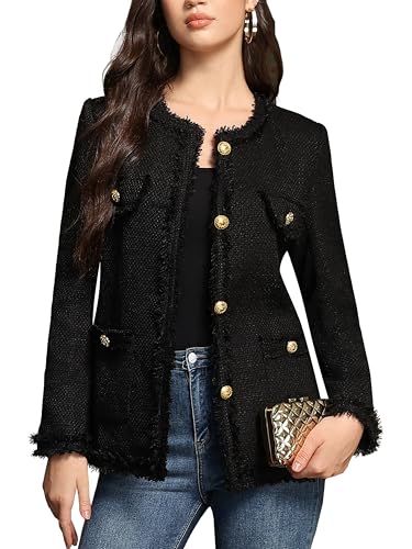 M.Infisavo Women’s Tweed Blazer Jackets with Pockets, Long Sleeve Open Front Crewneck Collarless Elegant Casual Cardigan