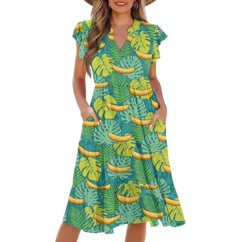 Image of Women's Casual Ruffle Sleeve Dress V Neck Pullover Dress Flowy A-Line Pleated Lightweight Dress with Pockets