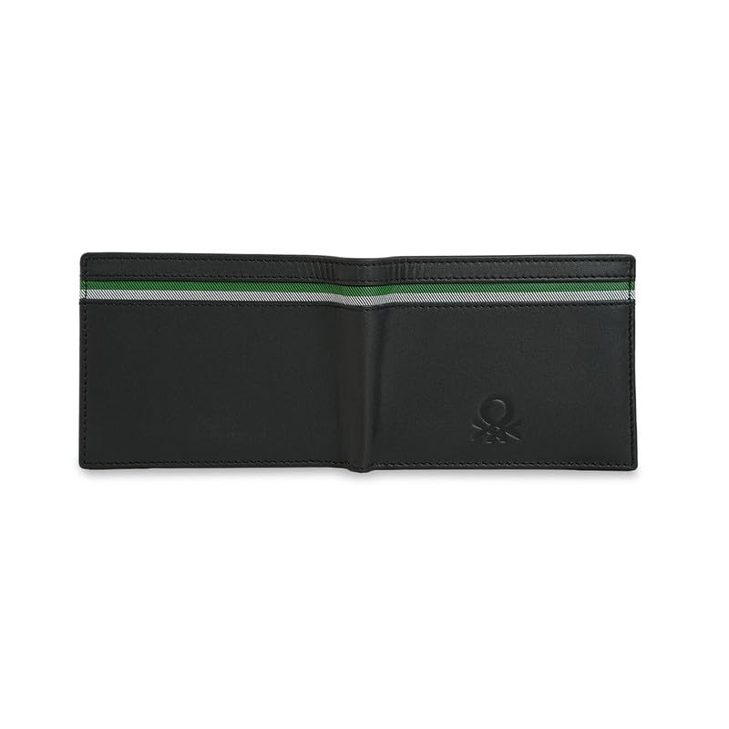 Image of United Colors of Benetton Men's Global Coin Wallet Wiltshire | Black Leather with Signature Tape Inlay | Small Bi-Fold with Coin Pocket | Stylish Purse