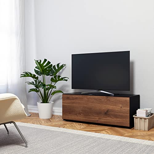 Image of SONOROUS ST-110 Premium TV Stand with Black Glass & Walnut Wood Cover - Modern Entertainment Center & Media Console for Living Room - TV Cabinet up to 65 Inch with Hidden Wheels - Sleek Storage Design