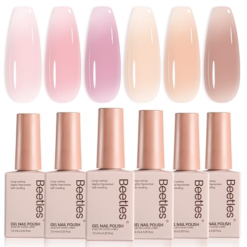 Image of Beetles Jelly Gel Nail Polish Set - 6 Colors Neutral Sheer Nude Pink Brown Gel Polish Kit Soak off UV Nail Concealer Gel Understated Grace French Nail Art Salon DIY Gift for Women