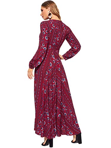 Milumia Women Tassel Tie Smocked Waist Button Up Botanical Dress Burgundy L