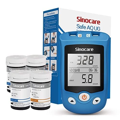 Sinocare AQ UG Medidor Glucosa en Sangre y Probador Ácido Úrico, Viene con 50 Tiras Prueba Glucosa en Sangre y 50 Tiras Prueba Ácido Úrico - mg/dL (Safe Kit 50+50) Certificado ClimatePartner