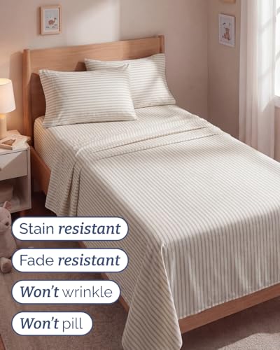 Image of Twin 4 Piece Bed Sheet Set - Breathable & Cooling Sheets - Beige Stripes | Ultra Soft Hotel Luxury Bedding Set with 8-16 Inch Deep Pockets, 1 Flat & 1 Fitted Sheet & 2 Pillowcases, Wrinkle & Fade Free