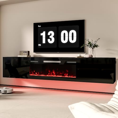 Real Relax 70" Floating TV Stand with 36" Electric Fireplace, Wall Mounted Entertainment Center with Storage, Remote Control, Modern LED Lights Fireplace TV Console for TVs Up to 80", All Bl