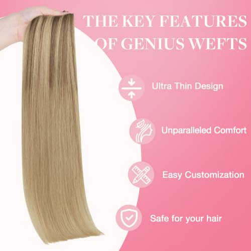 Image of GOO GOO Genius Weft Hair Extensions Human Hair, Sew In Extensions Rooted Remy Weft, #12A /18H Ash Beige Blonde Blend 20 Inch 60g, Natural Hand Tied Straight Silky