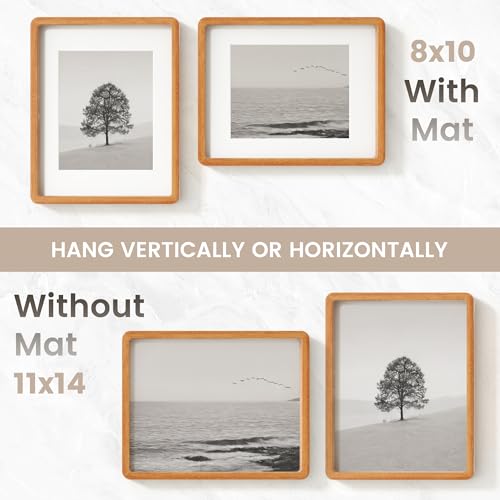 Image of 11x14 Picture Frame, USA-Sourced Natural Teak Wood Photo Collage Frame with HD Tempered Glass, Modern Simple 11 x 14 Wooden Frame Matted to 8x10, Vertical & Horizontal Wall Hanging Display