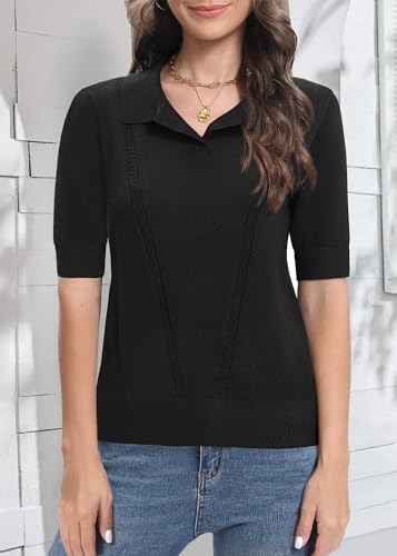 Urban CoCo Women's Short Sleeve V-Neck Collared Sweater 2025 Spring Summer Ribbed Knit Tops for Business Casual2