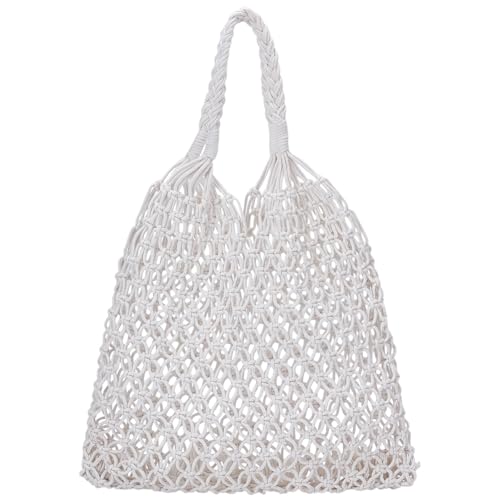 WEBEEDY Bolsa feminina de praia de palha de macramê branco feita à mão para viagem, uso diário, presente para aniversário, feriado, dia das mães, casamento, Natal, 36 x 38 cm (14,2 x 15 polegadas