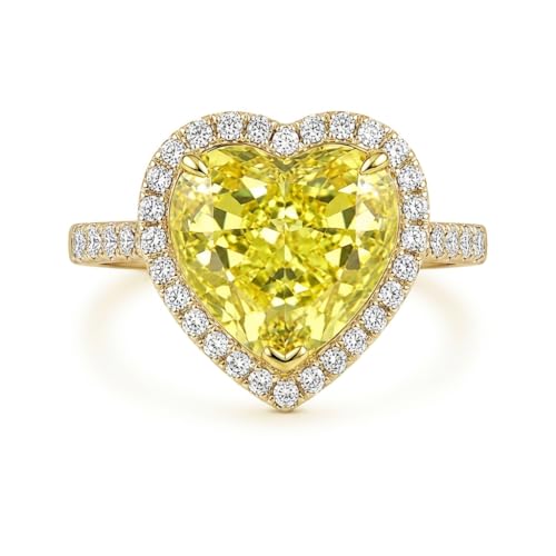 Heart Shaped Created Canary Yellow Diamond Halo Engagement Ring in 925 Sterling Silver Two-Tone Pave Promise Ring Bridal Wedding Jewelry for Women (4, Yellow Gold Plated Sterling Silver)