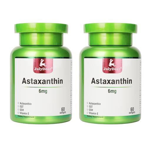 JulyDeer 2 Bottles Astaxanthin 6 mg with Nicotinamide Vitamin E Premium Antioxidant Supplement EGT...