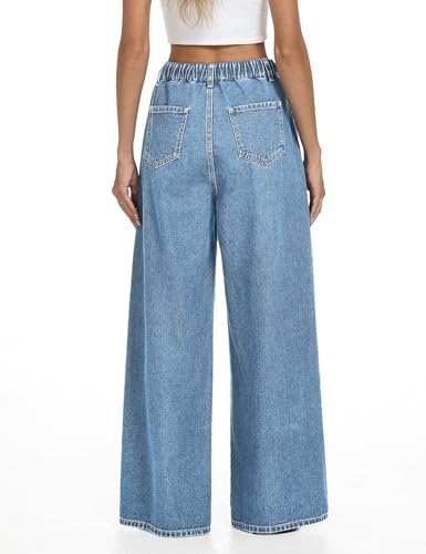 Women's Drawstring Jeans Wide Leg High Waisted Baggy Elastic Waist Straight Leg Jeans Pants with Pockets Blue2