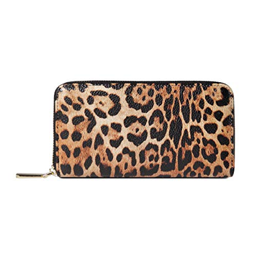 Daisy Rose Women’s Zip-Around Wallet & Phone Clutch with RFID Blocking, PU Vegan Leather (Leopard)
