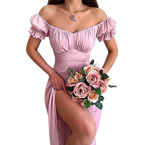 Yoaa Einfaches Chiffon One-Shoulder-Kleid Einfarbiges Kurzarm-Kleid Fairy Evening Canonicals Split Strandkleid Brautjungfernkleid Cover