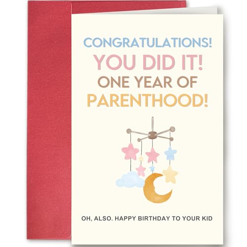 SuperShunhu Funny First Year of Parenting Card for New Parents, One Year of Parenthood Gift for Him Her, Congratulations for One Year of Parenthood!