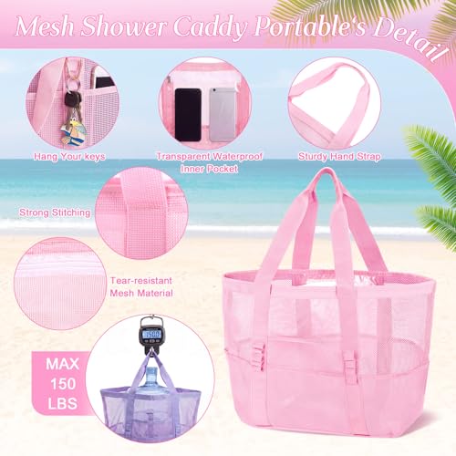 Image of Hillban Large Beach Mesh Bags Bulk for Women Beach Tote Bag with 8 Pocket Zipper Waterproof Sandproof for Pool Cruise Ship