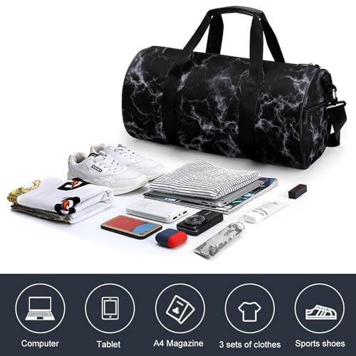 Black Marble Texture Travel Gym Bag for Women Men Cylindrical Duffle Bag Sport Workout Bag with Shoulder Strap4