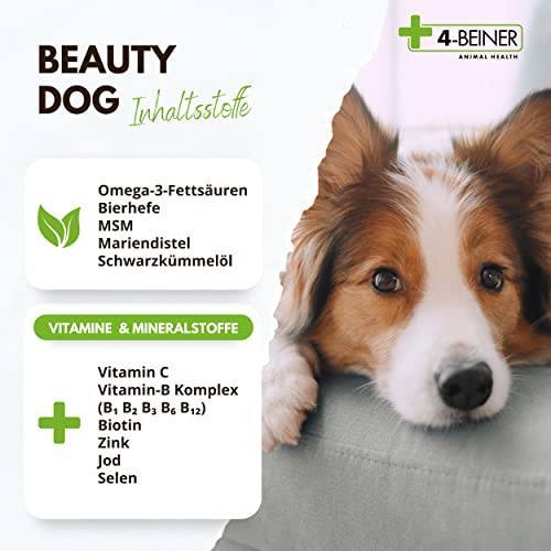 4-BEINER Beauty-Dog: Vitamine für Hunde mit Omega-3, Vitamin B Komplex, Vitamin C, Biotin, Bierhefe Hund, Schwarzkümmelöl, Zink, Jod, Selen für Haut und Fell & zur allgemeinen Stärkung, Pulver