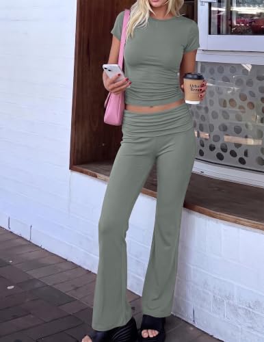 Image of Ekouaer Womens Pajama Set Short Sleeve Crop Top Foldover Flare Pants | Soft Comfy Stretchy, Summer Wear Fall Layer, High Waist Fold Waistband For Loungewear Yoga Daily Casual Wear