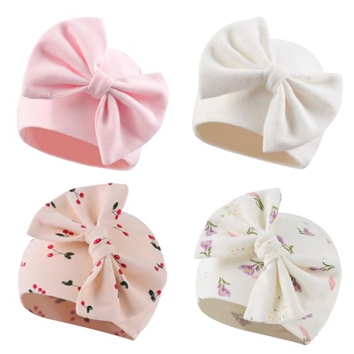 Image of Bamery Newborn Baby Girl Hat Cotton Baby Bow Beanie Preemie Hats Spring Infant Hats for Girls 0-12 Months