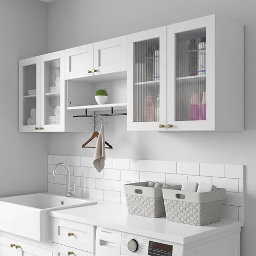 70.8L Wall Mounted Laundry Room Cabinet Set with Glass Doors Floating Bathroom Wall Cabinet with Adjustable Shelves Hanging Rod & Hooks Medicine Cabinets for Kitchen or Pantry Storage White