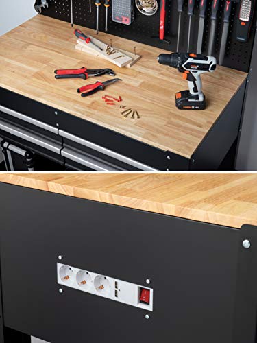 Meister Werkbank 1400 x 1140 x 610 mm - 200 kg Tragkraft - Vier Schubladen, Lochrückwand & drei Ablagefächer - Mit LED-Arbeitsleuchte & integrierter Steckdosenleiste - Aus Stahl / Werktisch / 9079700
