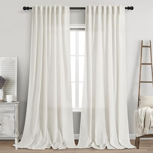 Image of Beige White Linen Curtains 90 Inch Long 2 Panels Set for Bedroom Living Room Beige White Soft Linen Textured Window Drapes Semi Sheer Light Filtering Rod Pocket Back Tab Farmhouse Curtain 52x90